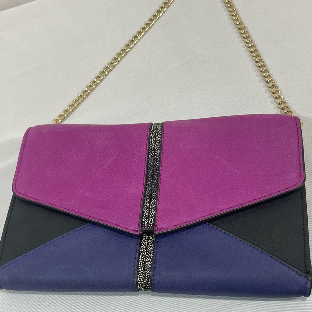 Vintage Vince Camuto Leather Envelope Clutch Purse Color Block Blue Fuchsia